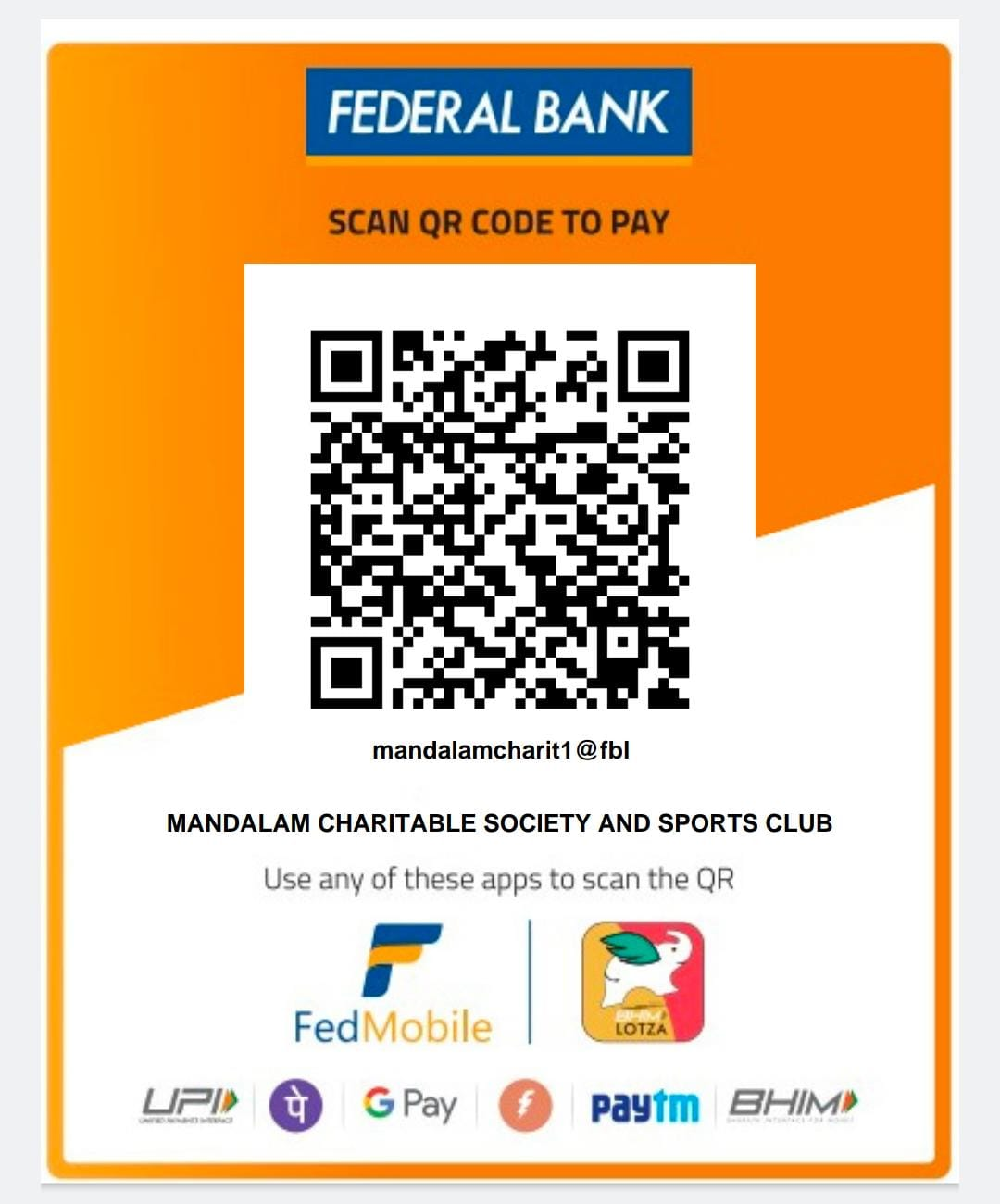UPI QR code for Mandalam Charitable Society and Sports Club